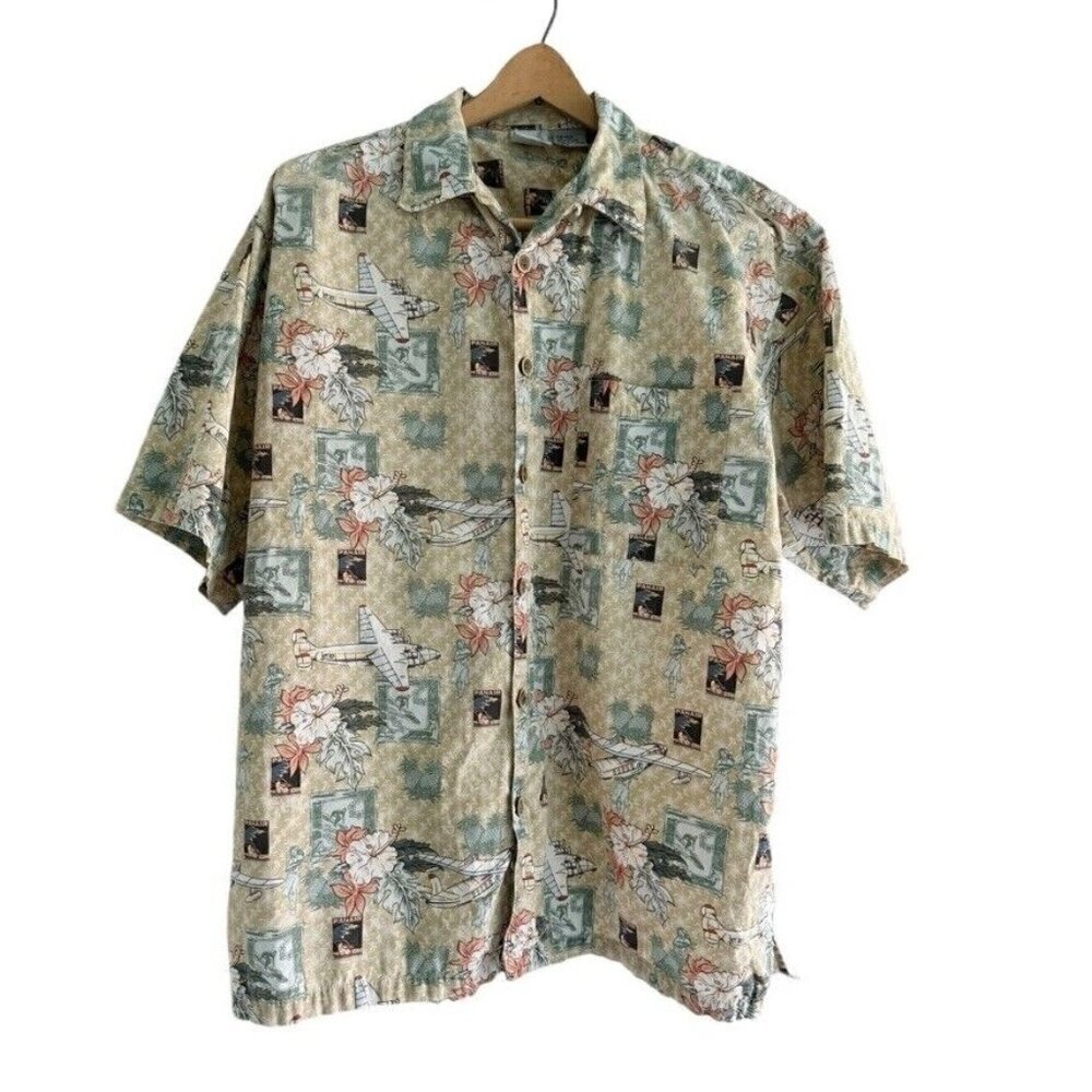 Vintage OP Sport Men's Sz L Hawaiian Shirt Vtg Planes Hula Girls Panair